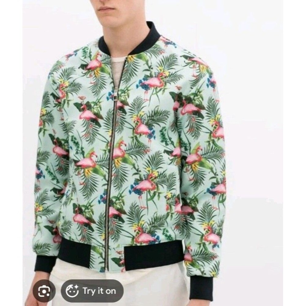 ​Zara Man Flamingo Tropical Print Bomber Jacket Size XL Palm Leaf Zip Up Holiday
